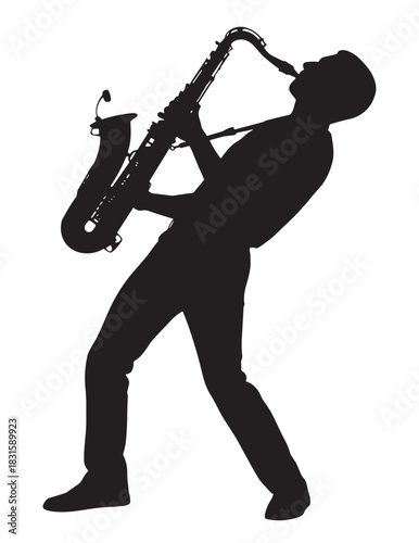 Black silhouette of a man playing saxophone with passion, a full-length vector illustration of a musician performing a solo at a concert or jazz club event