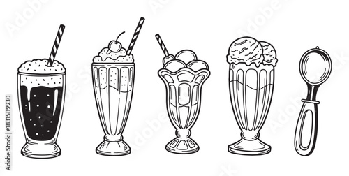 Set of hand-drawn milkshake and sundae illustrations in a vintage doodle style, showing various ice cream desserts in tall glasses with straws, a cherry, and a classic scoop