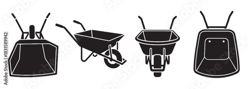 Set of four black wheelbarrow silhouettes in a simple graphic icon style, showing various angles and designs for gardening, construction, and manual labor equipment