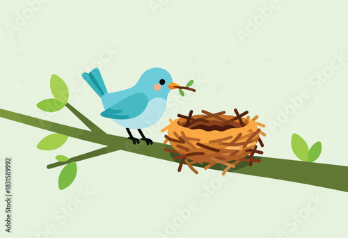 A blue bird with a twig in its beak sits on a branch next to its nest, green leaves scattered