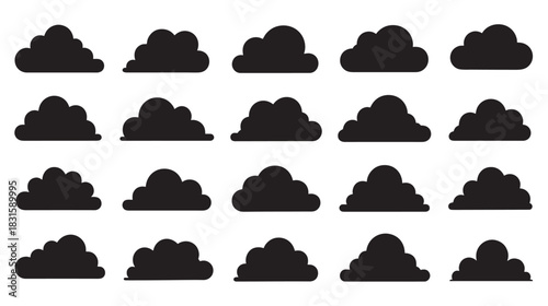 Collection of black cloud silhouettes in various simple shapes arranged in a grid, showcasing a minimalist and graphic vector illustration for weather or nature concepts