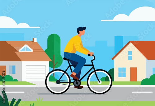 Stylized illustration of a person riding a bicycle on a road, passing houses and trees, under a blue sky