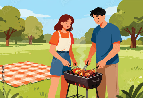 Illustration depicts a couple grilling skewers at a park picnic. A checkered blanket and trees are in the background
