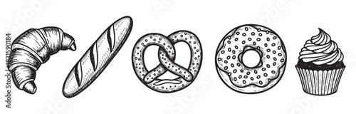 Set of hand-drawn bakery illustrations featuring a croissant, baguette, pretzel, donut, and cupcake in a vintage black and white engraving art style