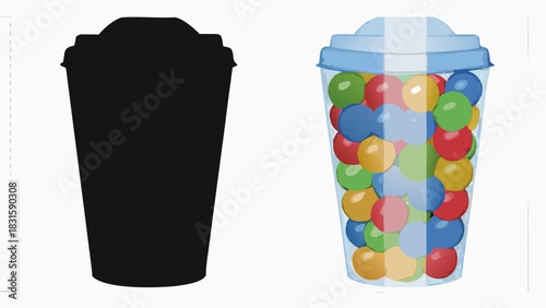 Colorful bubble gum balls in a clear plastic cup, beside a cup silhouette for a fun sweet treat design