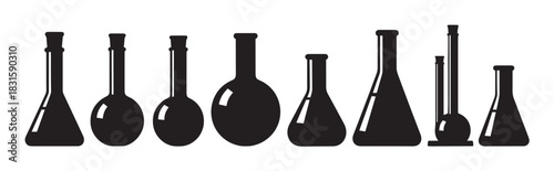 Collection of black laboratory glassware silhouettes including various flasks and beakers arranged in a row for scientific research and chemical experiments, a minimalist graphic icon set
