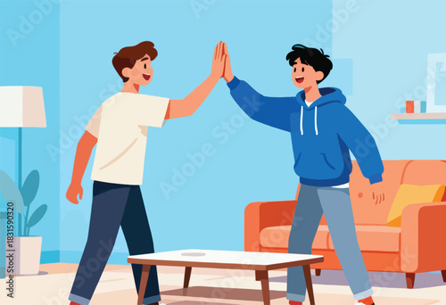 Two young men in a well-lit room giving each other a high-five, with furniture and decorative details