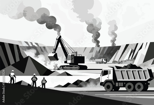 A grayscale illustration of a mining operation. An excavator, trucks, smoke, and workers are featured
