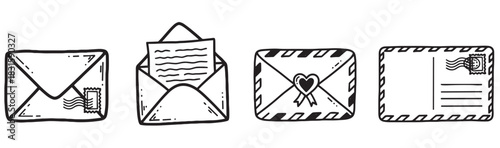 Set of four hand-drawn mail icons including a sealed envelope, an open letter, a love note, and a postcard in a simple black and white doodle sketch style illustration