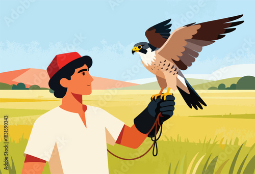 A falconer with his bird of prey in a rural scene. The falcon is perched, wings spread. Flat design style
