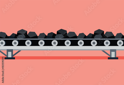 An illustration shows a conveyor belt transporting coal with a pink background