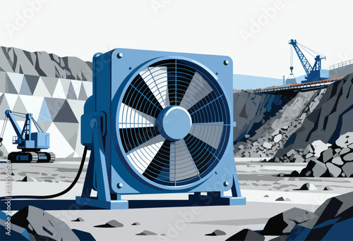 An industrial illustration depicts a large fan, excavation machinery, and a mining operation