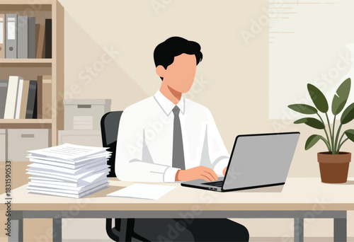 A faceless office worker sits at a desk typing on a laptop with stacks of paper. A potted plant stands nearby