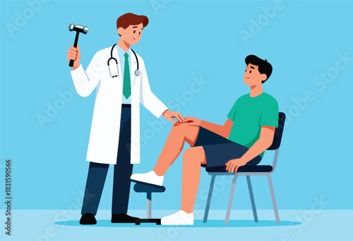 A doctor checks a patient's knee with a reflex hammer. The patient sits, while the doctor stands