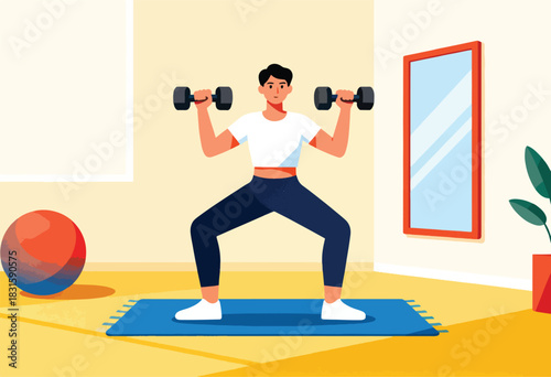 Illustration of a person squatting while lifting dumbbells in a home gym setting. Accessories visible