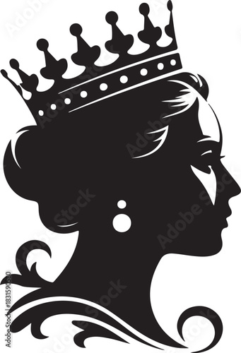 Silhouette profile of a queen wearing a crown and earrings