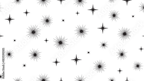 Seamless repeating pattern of black stars and starbursts in a simple mid-century modern aesthetic, a graphic monochrome illustration with a vintage and festive feel