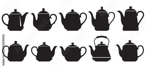 Collection of black teapot and kettle silhouettes in various shapes and designs, presented as a graphic icon set for kitchenware or hot beverage concepts