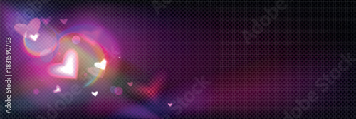 Abstract purple and pink lens flare with flying hearts vector