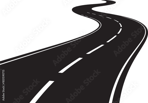 Curving black asphalt road with white lines on white background