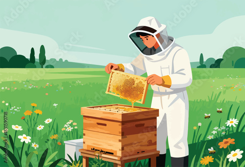 A beekeeper in a protective suit inspects a honeycomb frame over a wooden hive, set in a field