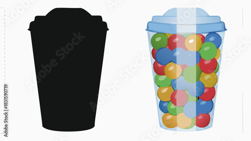 Colorful bubble gum balls in a clear plastic cup, beside a cup silhouette for a fun sweet treat design