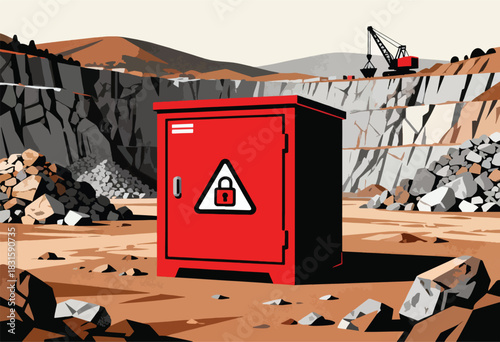 Red cabinet with lock symbol in a quarry. Crane at top; piles of rocks. Stylized artwork