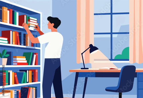 Illustration of a person selecting a book from a shelf-lined wall, desk, window, and a reading lamp