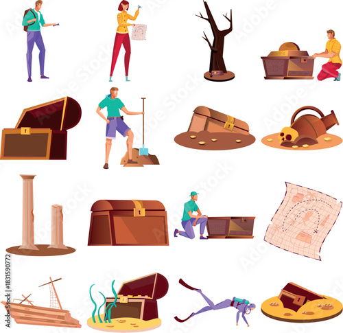 Archaeology expedition people digging old treasure chest vector