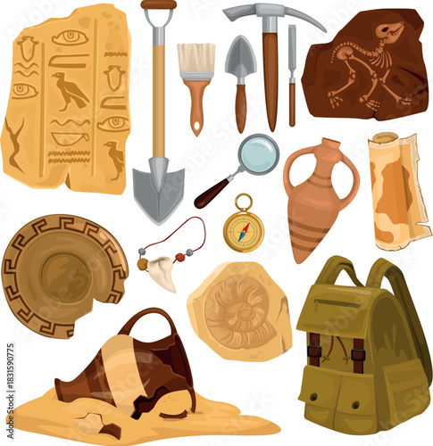 Archaeology and paleontology ancient artifacts discovery tools vector