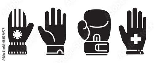 Set of four black glove icons representing different activities including a winter mitten, a boxing glove, a medical glove, and a simple hand covering in a minimalist glyph style