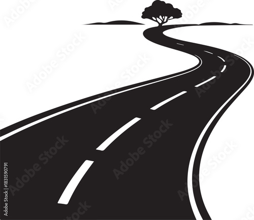 Winding road leading to a single tree on the horizon