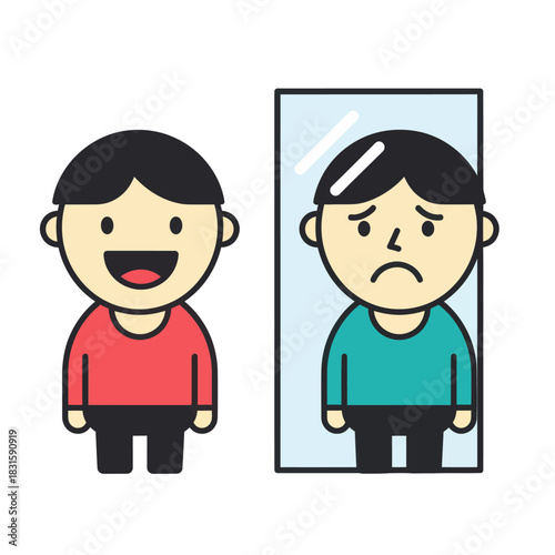 Cartoon man showing happy and sad emotions in mirror reflection.