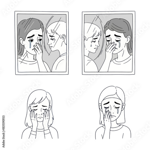 Monochromatic illustration of a woman crying with a friend comforting her.