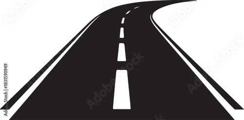Stylized black and white illustration of a curving road with white lines