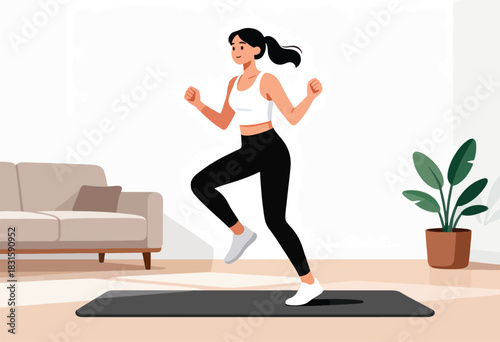 A woman in athletic wear is jogging on a mat in a living room near a couch and a potted plant
