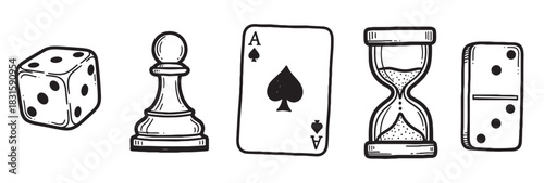 Hand drawn black and white board game elements including a die, chess pawn, playing card, hourglass, and domino in a simple doodle sketch illustration style