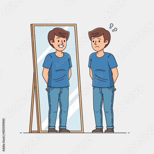 Man looking at himself in the mirror with different emotions.