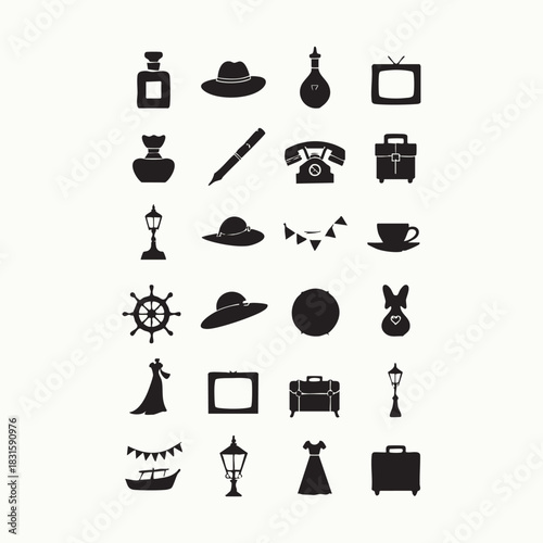 Black and white vector set of food, drink, travel, and spa silhouette icons for restaurant and hotel design collection
