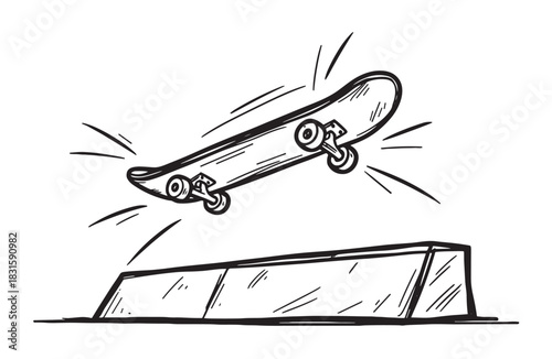 Hand-drawn black and white skateboard jumping in mid-air over a grind box in a dynamic, sketchy illustration style showing an extreme sports trick with motion lines