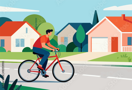 A person on a red bicycle cycles along a suburban road with houses, trees, and sky in a flat graphic style