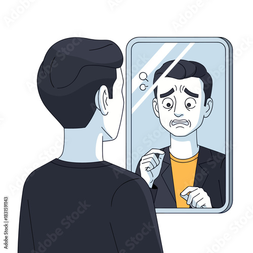 Man facing mirror reflecting anxiety and self doubt in his expression.