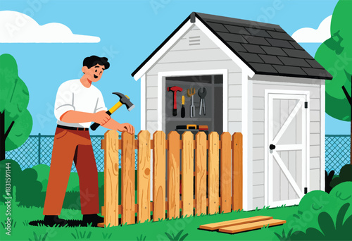A man hammers a fence in a backyard, shed with tools visible, sunny day