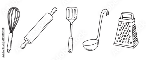 Hand-drawn kitchen utensils set with a whisk, rolling pin, spatula, ladle, and box grater presented in a simple black and white line drawing illustration
