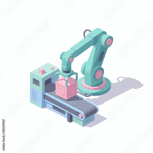 Isometric 3D Smart Production Machine with Robotic Arm Feeder
