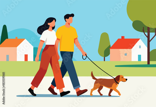A couple walks a dog on a sidewalk past houses and trees, enjoying a sunny day