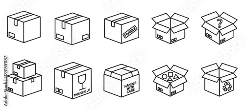 Collection of cardboard box shipping icons in a minimalist line art style showing package states like open, closed, fragile, and recycling for logistics and delivery concepts