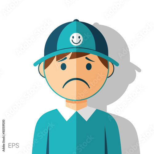 Vector illustration of a sad young boy with a frowning expression.