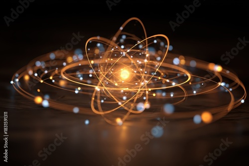 Nucleus consisting of atoms and elements surrounded by glowing molecular structures representing light and science at an abstract level