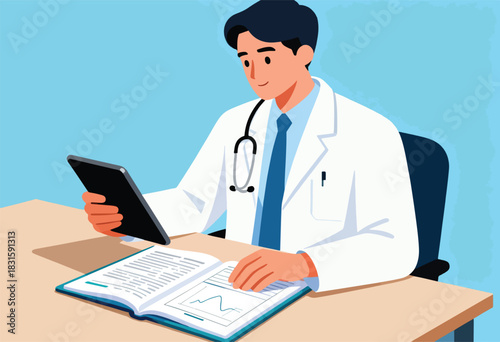 An illustrated doctor in a white coat, with a stethoscope, looking at a tablet, desk, open book